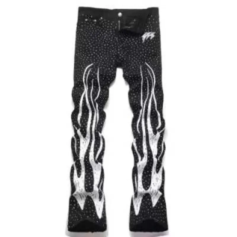 Punk Flame Streetwear Solid Casual Denim Trousers Stage Dancing Rhinestone Print Washed Black Baggy Jeans HipHop Casual Denim Pa — image 2