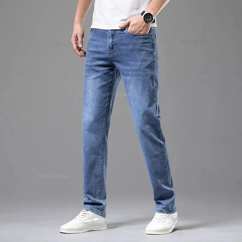 Zomermerk Heren Fit Rechte lichtgewicht katoenen stretchjeans Business Casual Hoge taille Dunne lichtgrijze jeans herenbroek