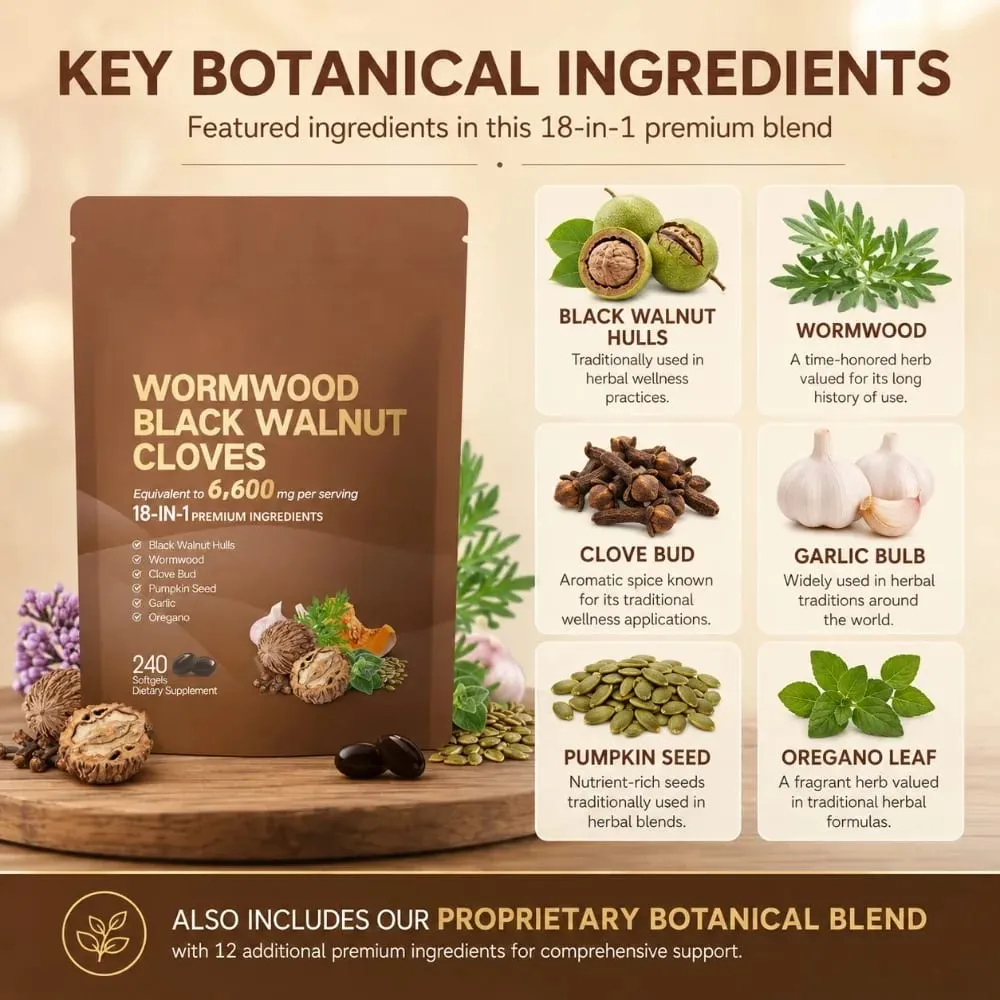 Wormwood Black Walnut Cloves 6600mg 18 In 1 Herbal Softgels Detox Digestive Health Gut Support Pumpkin Seed Garlic Oregano 240 — image 2