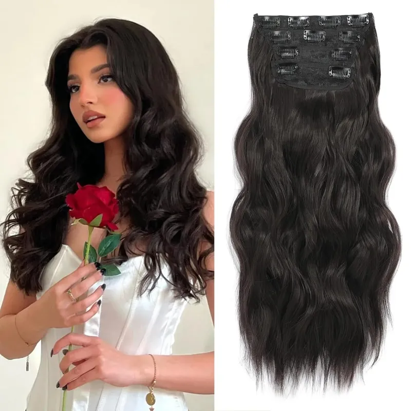 4Pcs/Set Synthetic Hair Clip In Hair Extensions 24Inch Long Wavy Thick Hairpieces For Women Full Head Ombre Hairpiece — image 6