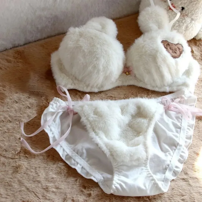 Fashion Women Lingerie Set No Steel Ring Soft Girl Warm Underwear Panties Suit Cartoon Bear Winter Bra & Brief Sets Women