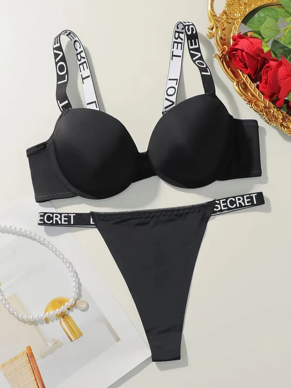 Viomisha Popular Sexy Letter Underwire Push Up Bra Lingerie Set for Women 2 Piece Solid Underwear Comfort Knit Strap