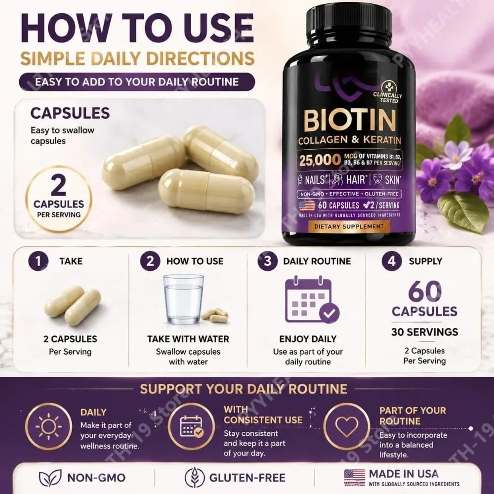 Biotin Collagen & Keratin Capsules with Hyaluronic Acid & B-Vitamins for Hair Skin & Nails Nourishment Support Adults 60 Caps — image 4