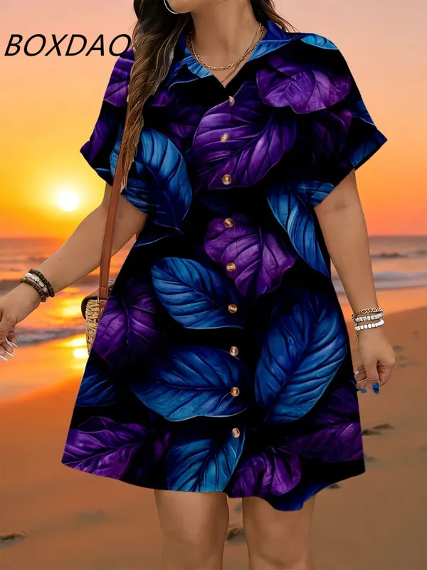 Short Sleeve Flower Pattern Fashion Women Mini Dresses Summer 3D Printed Street Elegant Casual Ladies Shirt Dress Plus Size 3XL — image 1