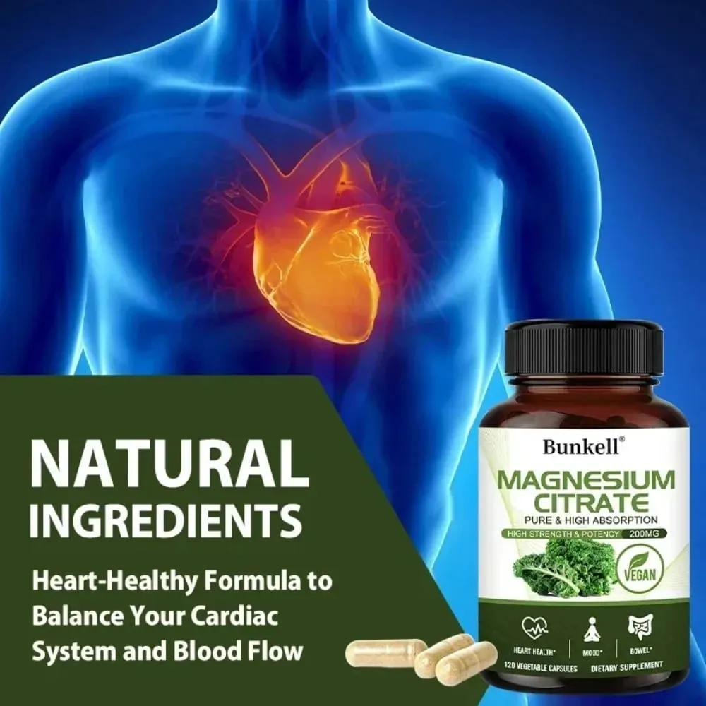 Magnesium Citrate Capsules 200 Mg - Maximum Absorption for Muscle Nerve Bone and Heart Health Gluten Free Non-GMO — image 3