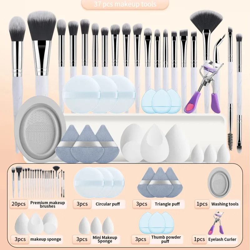 37PCS Makeup Tools Set 20 Brushes + Sponges Puffs Eyelash Curler Cleaning Tool for Full Face