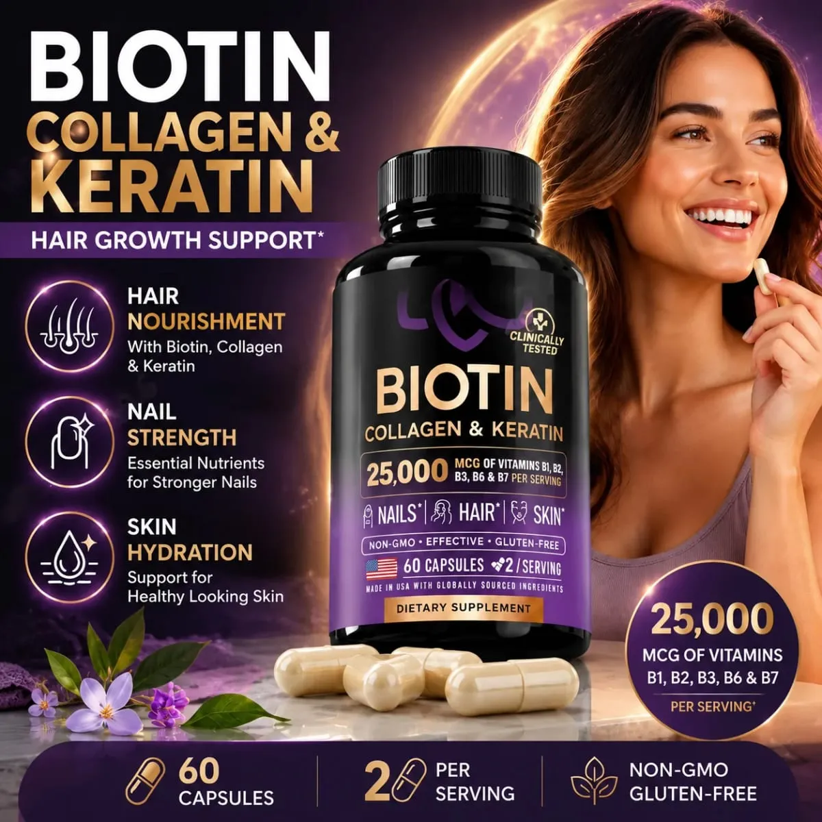 Biotin Collagen & Keratin Capsules with Hyaluronic Acid & B-Vitamins for Hair Skin & Nails Nourishment Support Adults 60 Caps — image 1