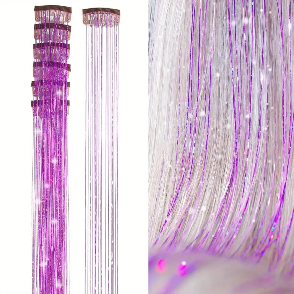 6Pcs Hair Tinsel Clip in 19.6Inch Glitter Synthetic Tinsel Hair Clip in Hair Tinsel Kit Heat Resistant Shiny Sparkle Fairy Hair — image 12