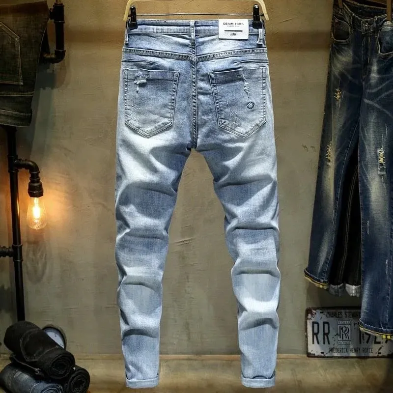 Spring and Autumn New Fashion Trend Solid Color Perforated Straight Leg Elastic Jeans Men's Casual Sports High-Quality Jeans