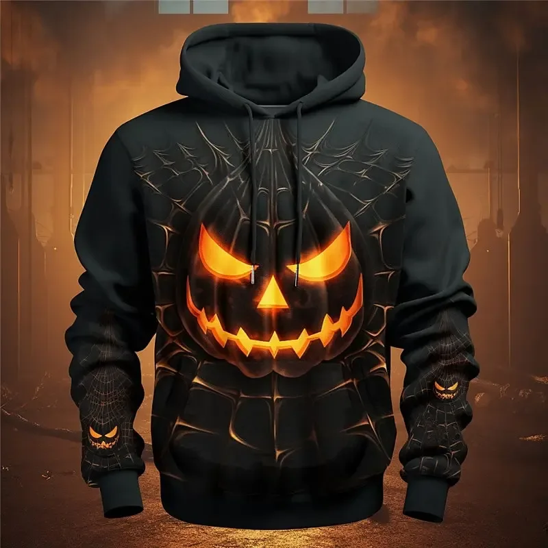 Men Halloween Evil Pumpkin Graphic Printed Hoodie Long Sleeve Pullover Sweatshirt Lantern Men Hooded Shirts Festival Tops