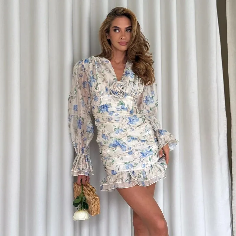 Floral Print Side Split V-Neck Mini Dresses Slim Fitwaist Cinching Puff Sleeve 2026 Summer Elegant Women Party Sweet Vestidos — image 9