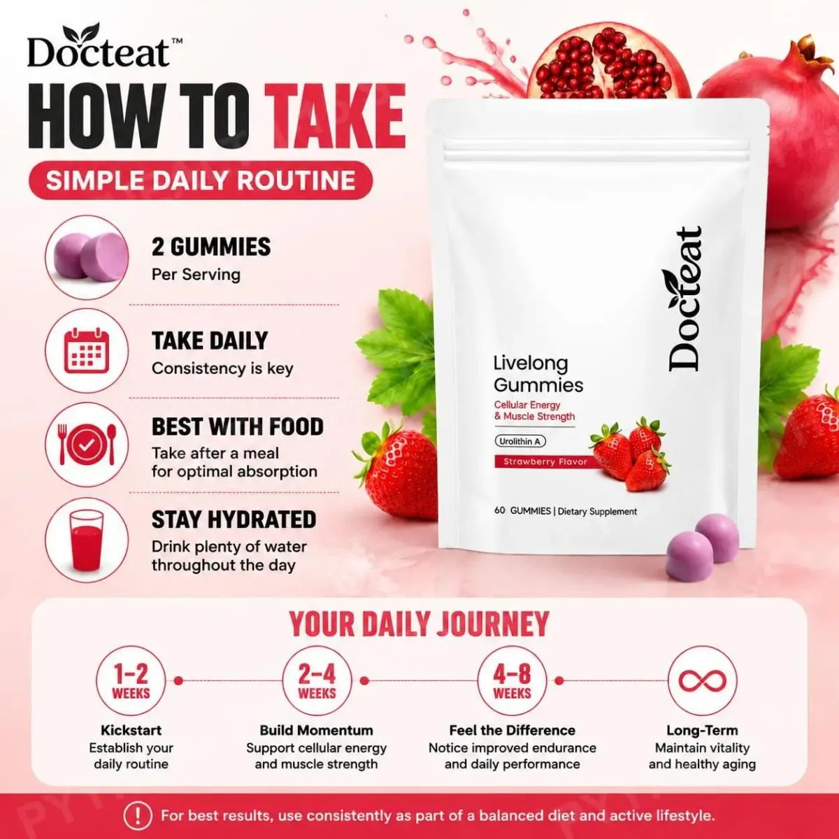 Docteat Urolithin A Gummies 500mg por porção Sabor morango Suporte diário para bem-estar celular 60 gomas para homens e mulheres — image 5
