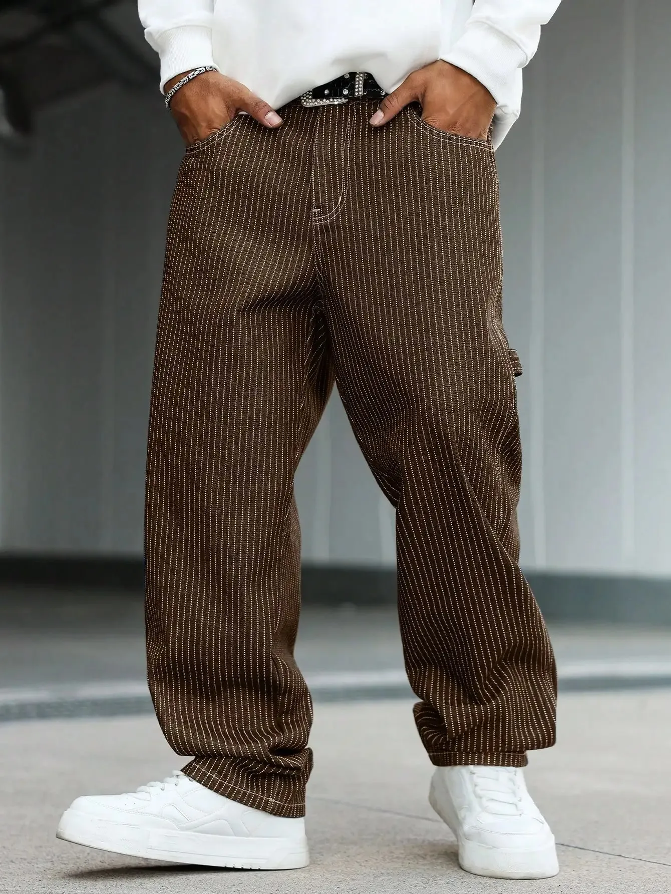 Men's vintage brown-and-white thin pinstripe loose wide-leg denim trousers Y2K workwear street-style unisex casual jeans