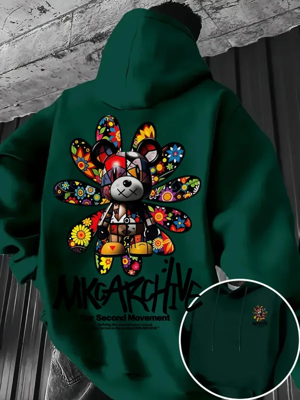 Men's Casual Hooded Sweatshirt – Colorful Floral Bear Graffiti Print Pullover Warm Street-Style Top for Autumn/Winter — image 3