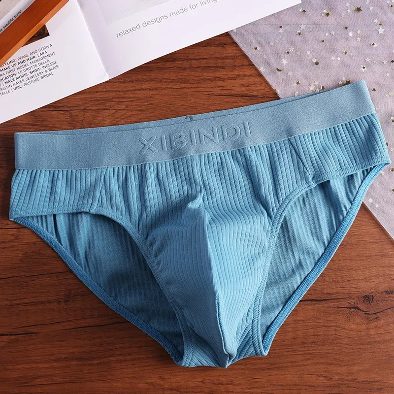 4-Piece Men's Cotton Ribbed Briefs Set - "XIBINDI" Embossed Waistband Underwear (Blue/White/Gray/Pink)