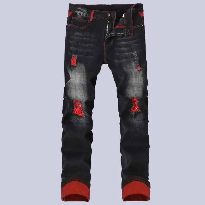 Streetwear Men Patch Ripped Jeans Black Red Design Slimming Men's Clothing Stretch Cozy Denim Pants Hip Hop Trend Trousers — image 2