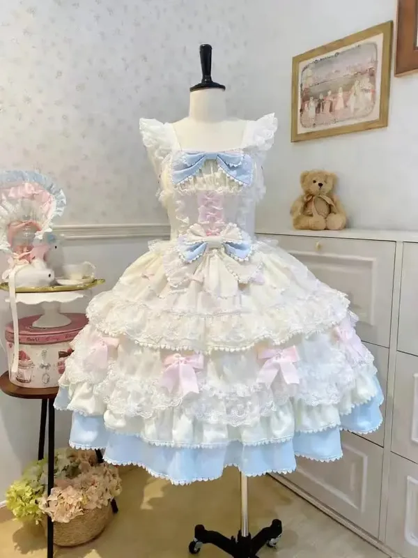 Lolita Kawaii Y2k Long Sleeve Strap Dress Japanese Knee-Length Women Elegant Lace Bow Patchwork Ball Gown Sweet All Season — image 17