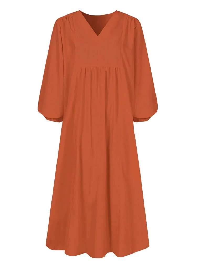 Plus Size Spring/Fall New Arrival Women's Cotton-Linen Blend Loose-Fit Bell-Sleeve Dress Casual Elegant for Everyday Wear