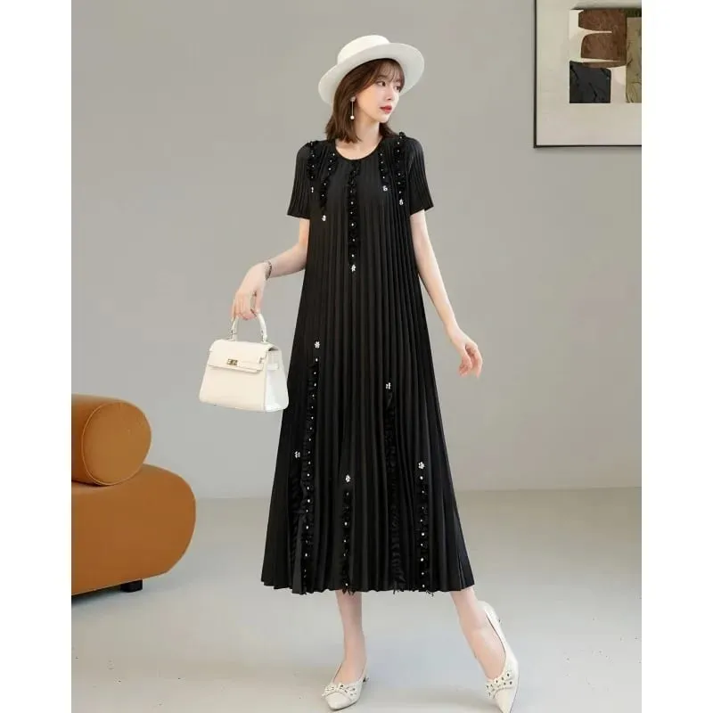 Miyake Pleated Elegant Dresses Women 2026 Summer New Vacation Solid Color Dress Loose Pleats Short Sleeve Plus Size Fold Dress — image 5