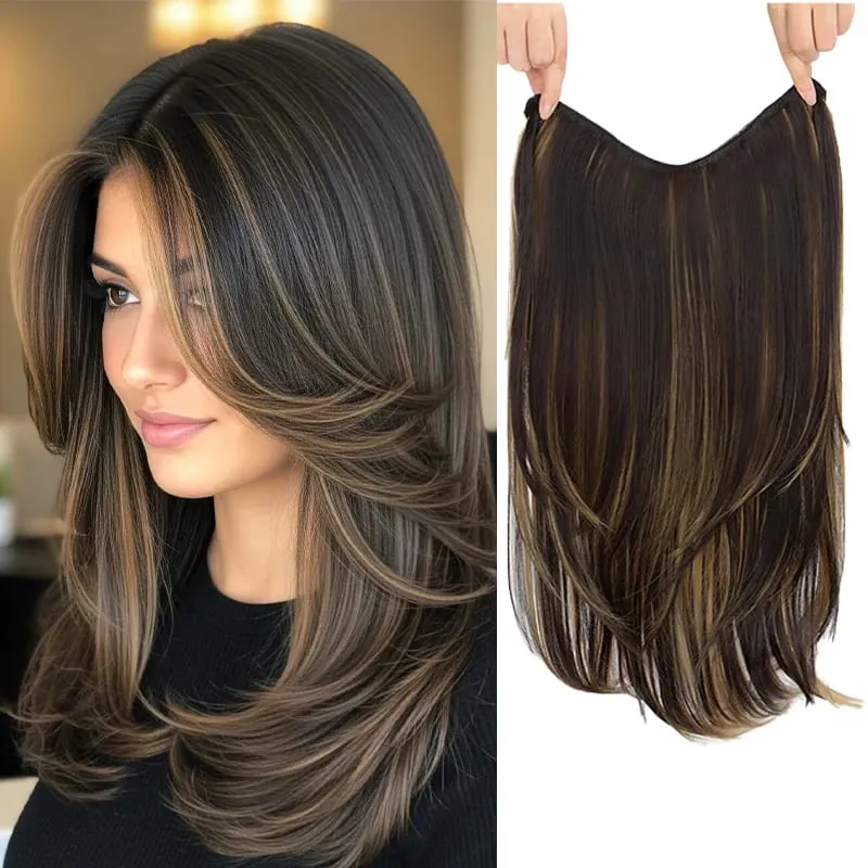 22 inch Synthetic One-Piece Hair Extensions | Inward-Curled Ends | BB Clips Easy Wear No Damage | Instant Volume & Length