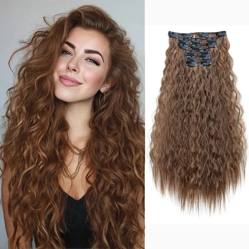 24Inch Synthetic Long Kinky Curly Clip-in Hair Extensions for Women High-Temperature Fiber Fluffy Hairpiece Everyday Wear
