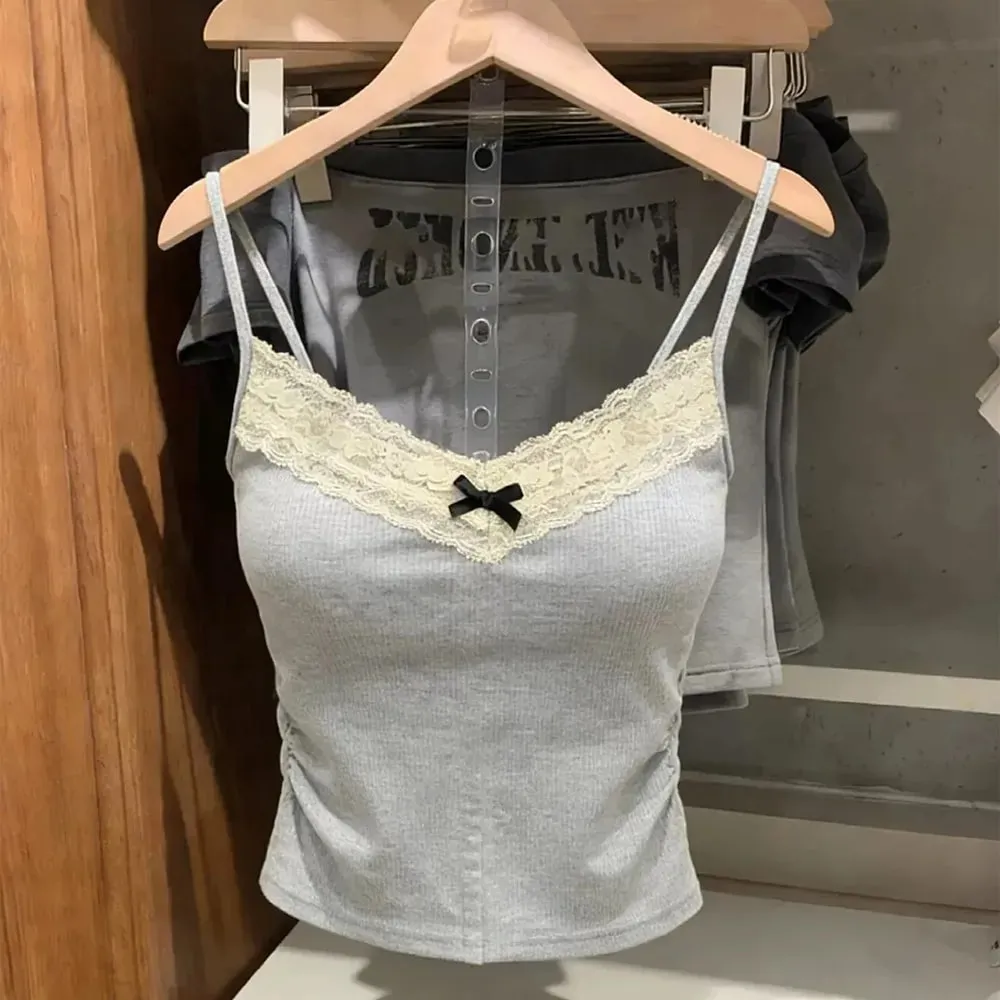 2026 Korean Y2k Crop Top Spring Summer Lace Tank Top Women Cropped Cute Camis Vest Sexy White Crop Tops Sleeveless Vest Coquette