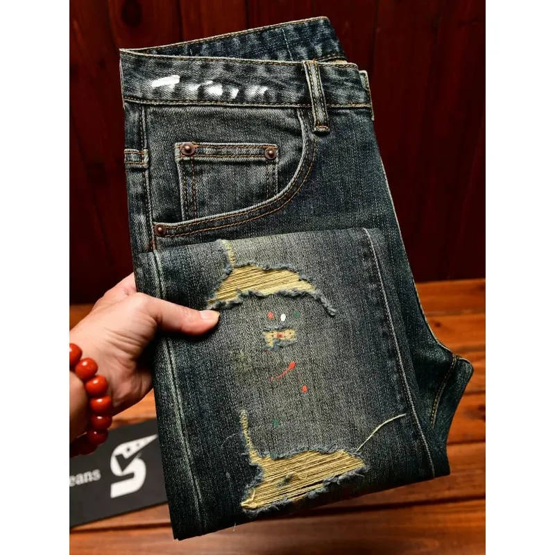 Broken hole patch jeans for men 2025 new men's clothing paint printing trend design retro nostalgic slim fit denim pants — image 2