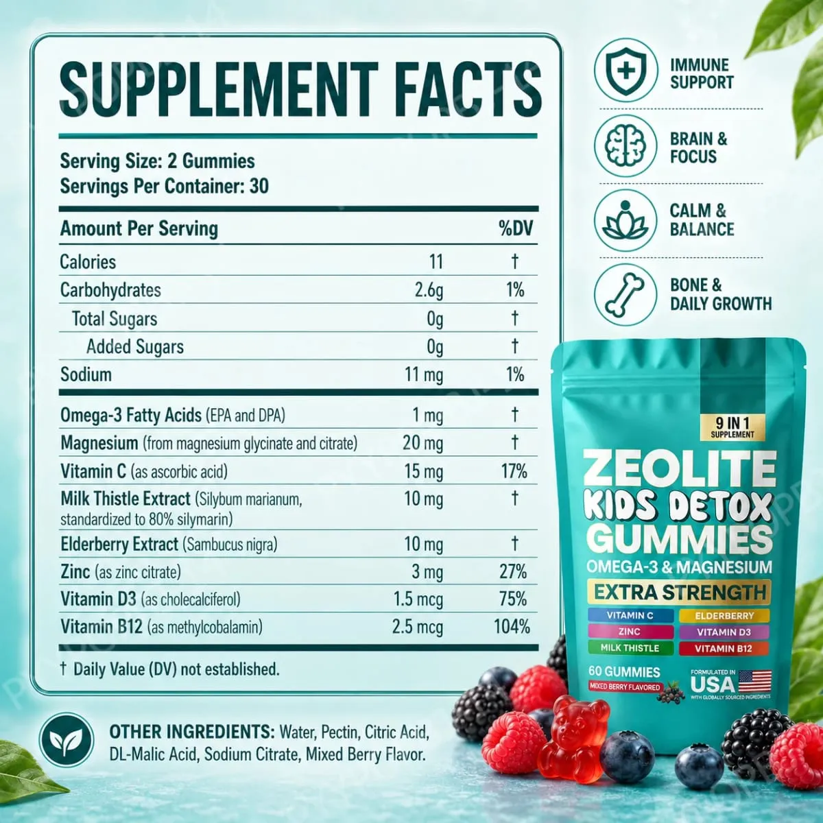 Kids Wellness Gummies with Omega-3 Magnesium Vitamin C Daily Nutritional Support Mixed Berry Flavor 60 Gummies