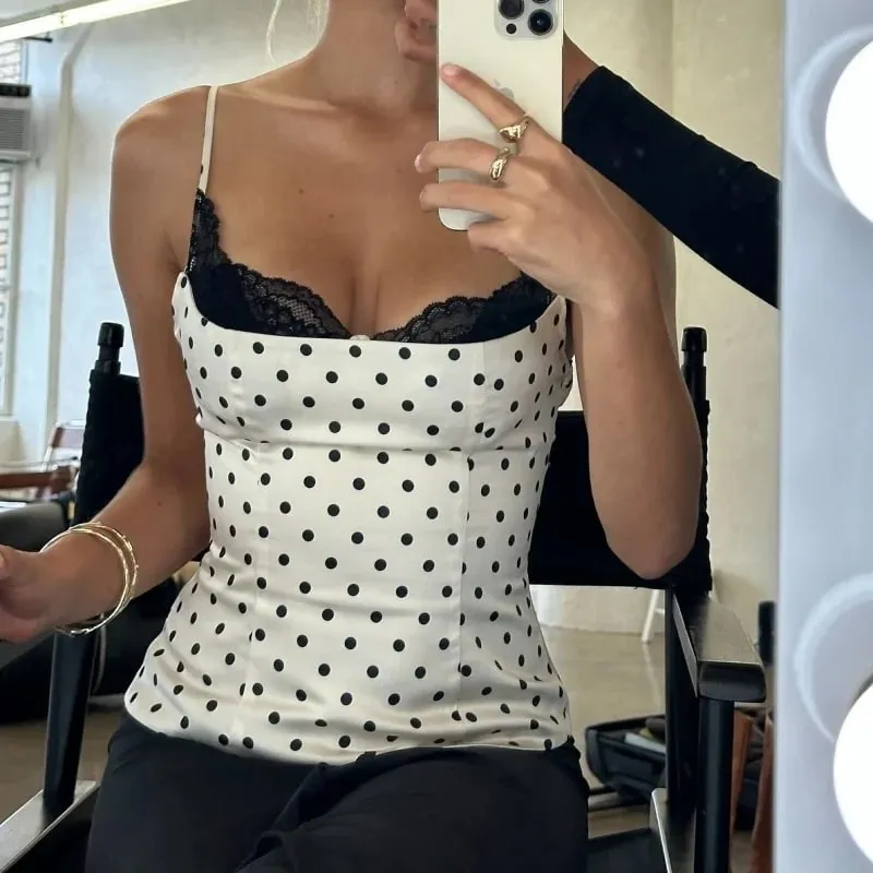 Women Polka Dot Lace Trim Cami Top Sexy Backless Sleeveless Slim Fitted Camisole Top Vintage Y2k Streewear