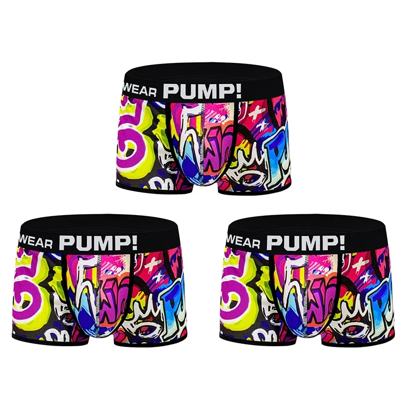 Cueca boxer masculina de mistura de algodão e nylon, cueca boxer com estampa graffiti, cintura elástica larga, não apertada, roupa íntima esportiva, 1 peça