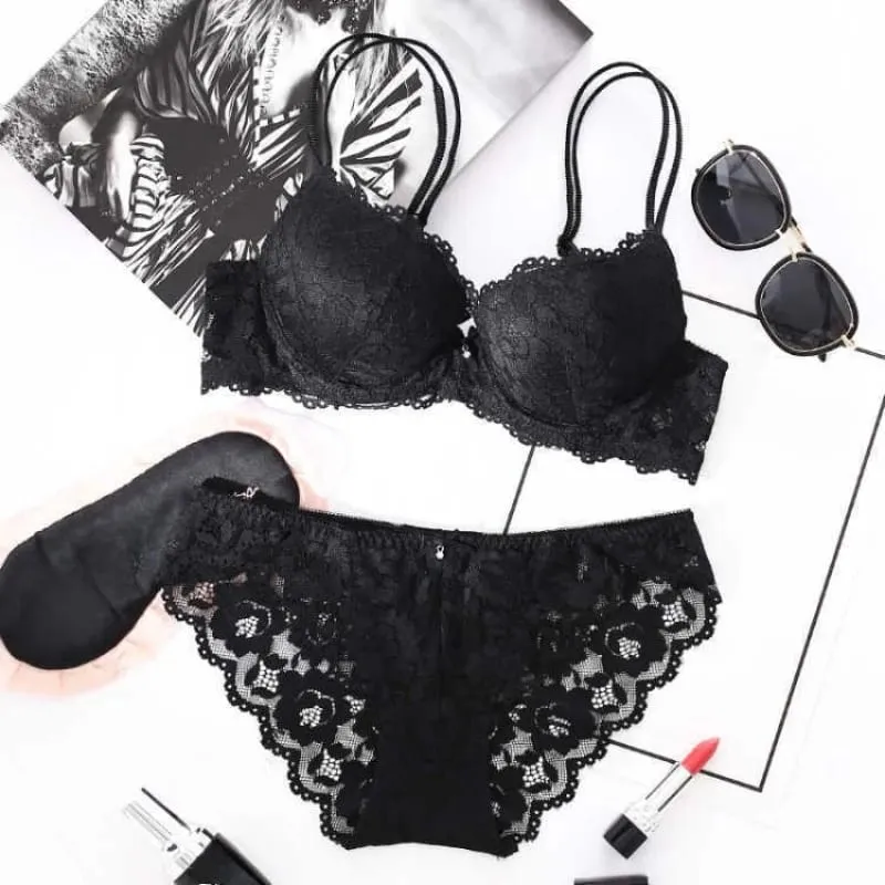 Women's Sexy Push Up Floral Lace Lingerie Set Bowknot Bra & Panty Low Rise Underwear for Daily Wear