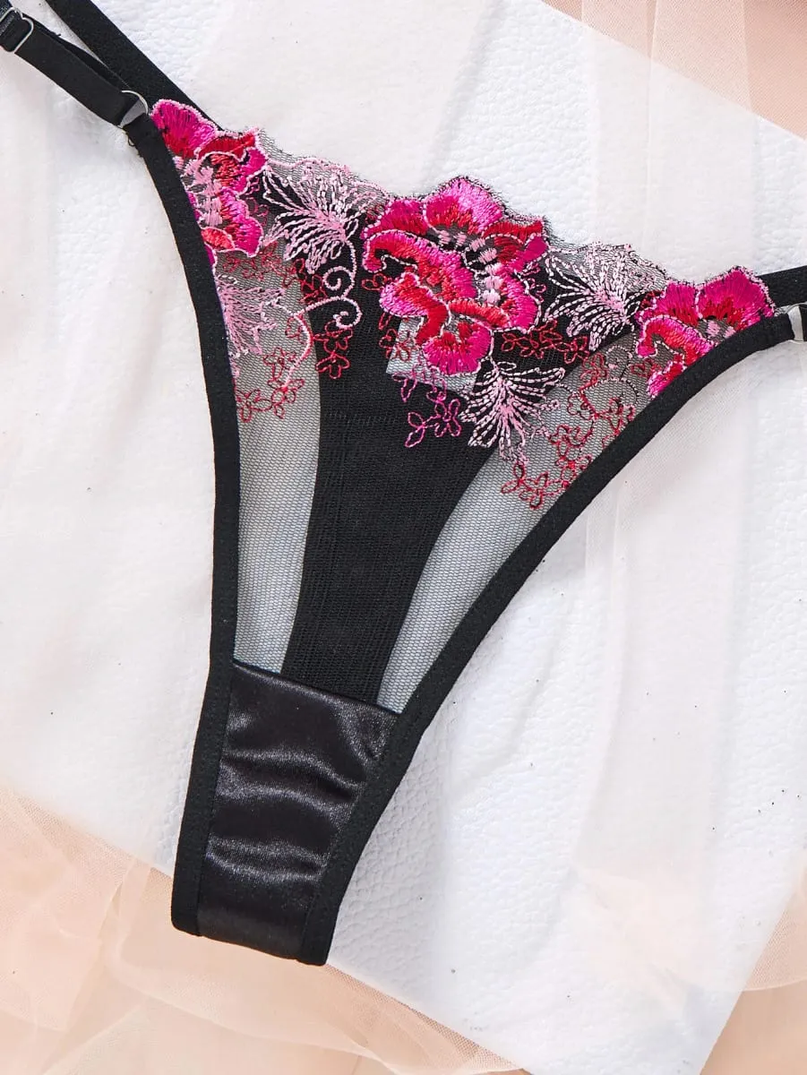 Elegant Black Floral Embroidered Lace Lingerie Set Women Push Up Bra Thong Satin Mesh Romantic Intimate Underwear ZA825146 — image 6