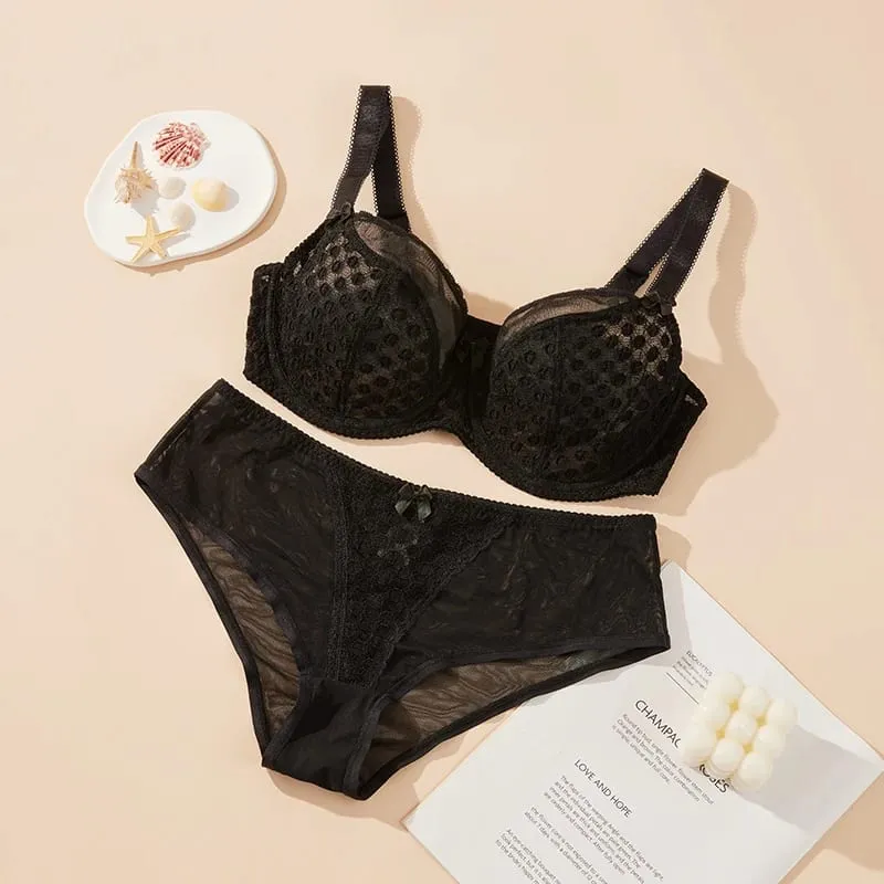 Women Curvy Plus Size Polka Dot Mesh Lace Bra Panty Set Underwire Support Full Figure Big Cup E F G H I Breathable Lingerie 2pcs — image 7