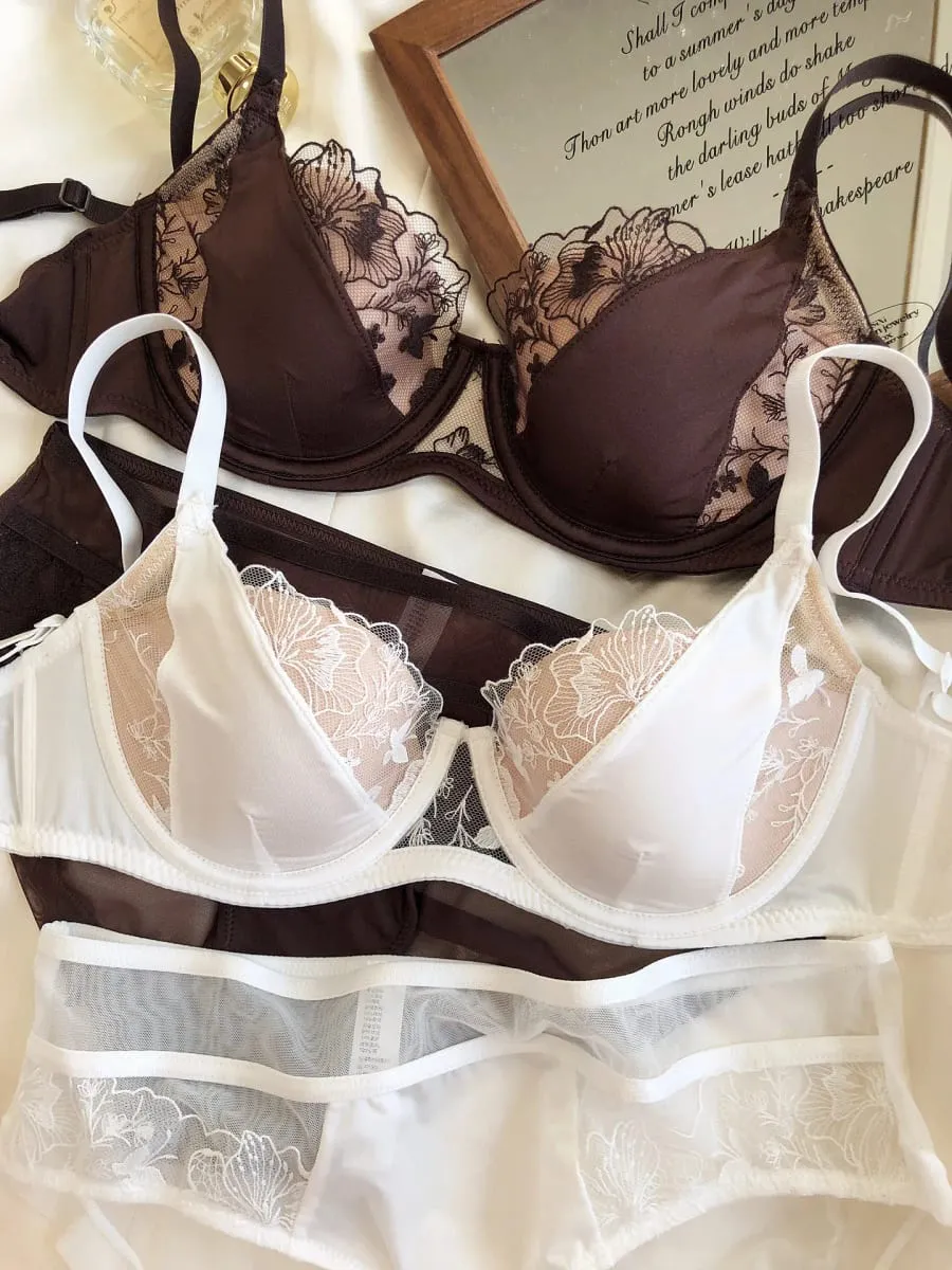 Sexy Lace Women Lingerie French Flowers Embroidery Bra Set Breathable Mesh Splicing Push Up Bras Hollow Thin Cup Underwear Sets — image 4