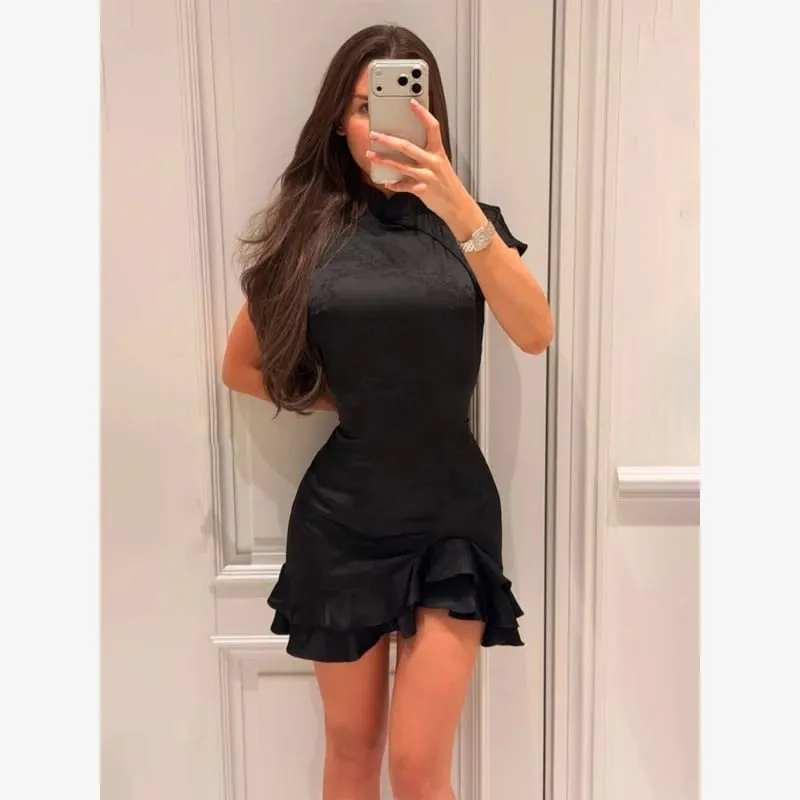 Women Mandarin Collar Ruffle Hem Mini Qipao Chinese Style Cap Sleeve Slim Fit Cheongsam Dress Dating Daily Party Outfit — image 5