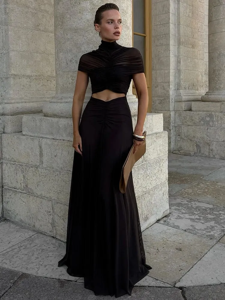 Mozision Hollow Out Short Sleeve Sexy Maxi Dress Women Fashion O Neck Ruched High Waist Bodycon Club Party Long Dress Female — image 4