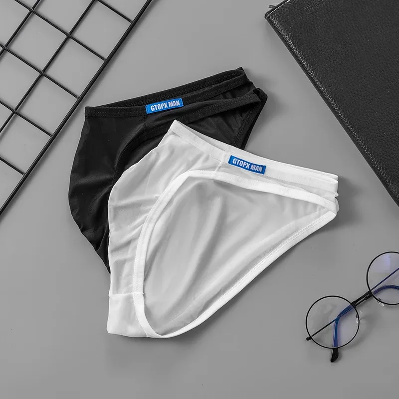 Men's Sexy Underwear Thin Ice Silk Translucent Briefs U Pouch Ropa Interior Hombre Male Panties — image 3