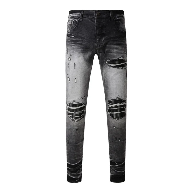 Fashionable New Men's Retro Blue Jeans With Pleated Elastic Perforated Blue Leather Patch Tight Tapered Pants Y2K — image 8