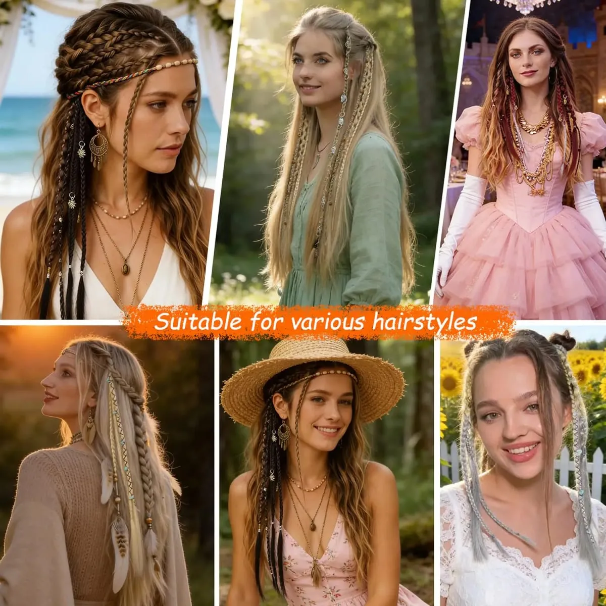 2Pcs Clip in Braided Hair Extensions for Women 16/20 Inch Handmade Synthetic Boho Clip in Braid Hairpieces with Beads & Charms — image 7