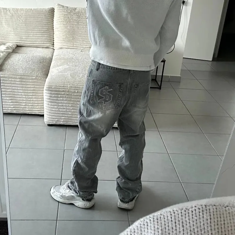Hip Hop Streetwear Men Women Fashion Baggy Pants Y2K Retro Jeans Light Color Dollar Pattern Embroidery Splice Denim Pants Gothic — image 5