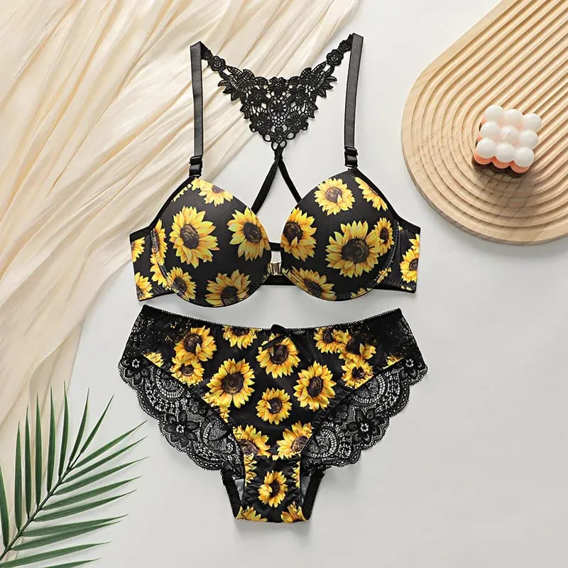 Women's Sunflower Bra Set Push Up Lace Back Lingerie Set 2 Piece Underwear 2026 — image 2