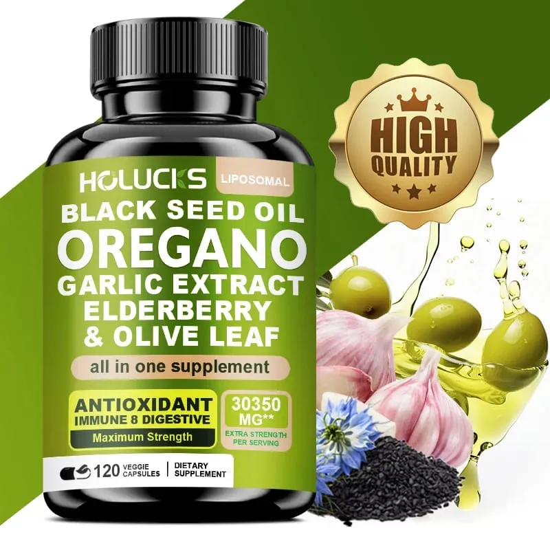 10 in One Oregano Oil Supplement Capsules Black Seed Oil Garlic Extract Elderberry - Immune & Digestive Support - 120 Pills