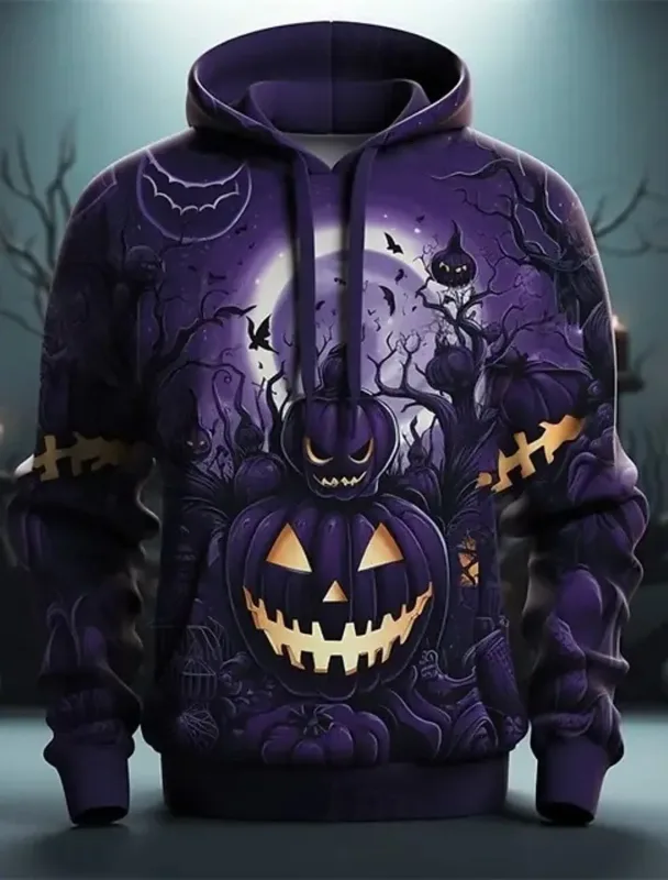 Halloween Purple Pumpkin hoodie pullover 3d tryckmönster par män kvinnor halloween karneval kostym fest avslappnad varje dag — image 4