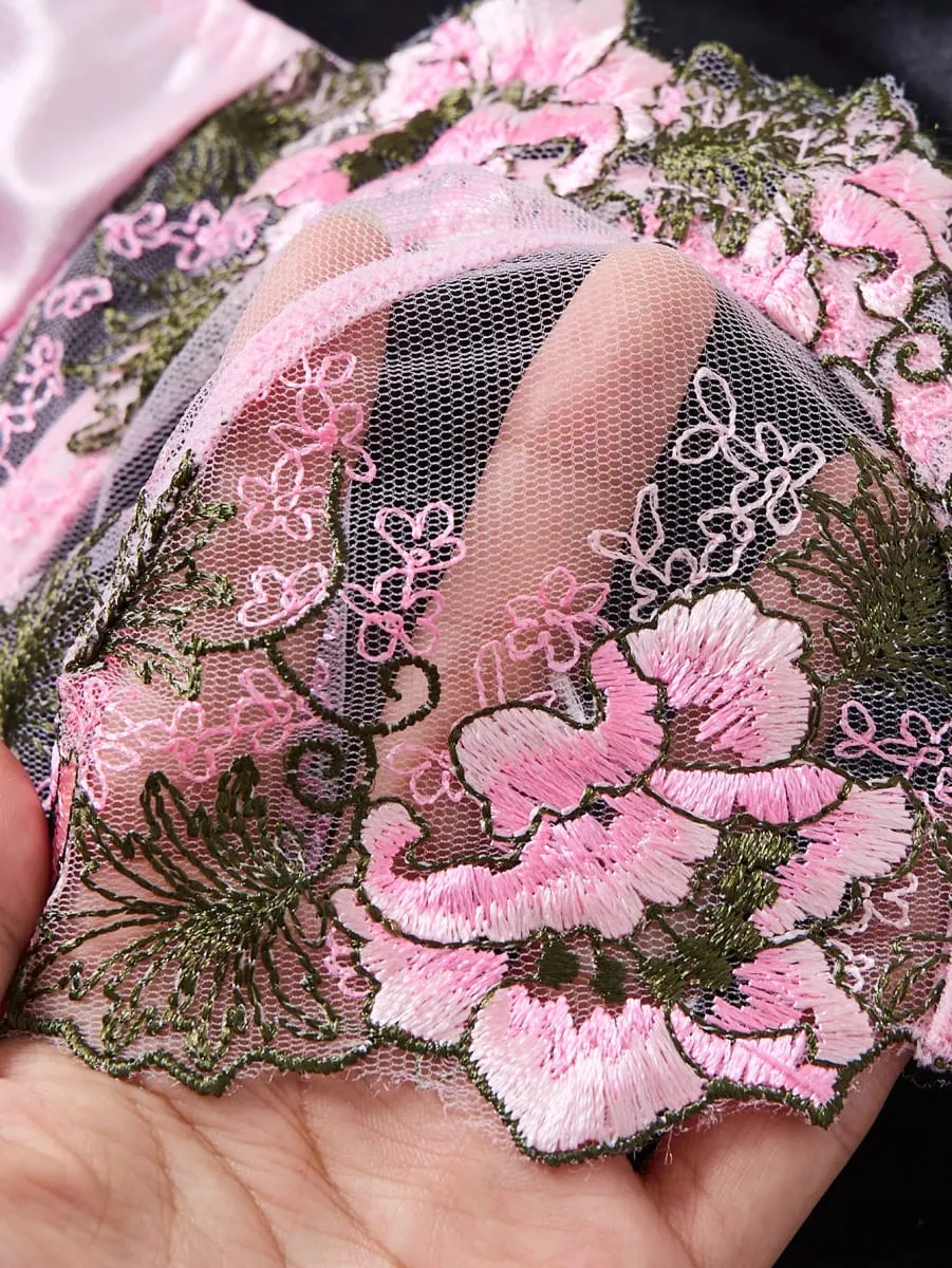 Elegant Pink Floral Embroidered Lace Lingerie Set Women Push Up Bra Thong Mesh Satin Romantic Intimate Underwear ZA825146 — image 5