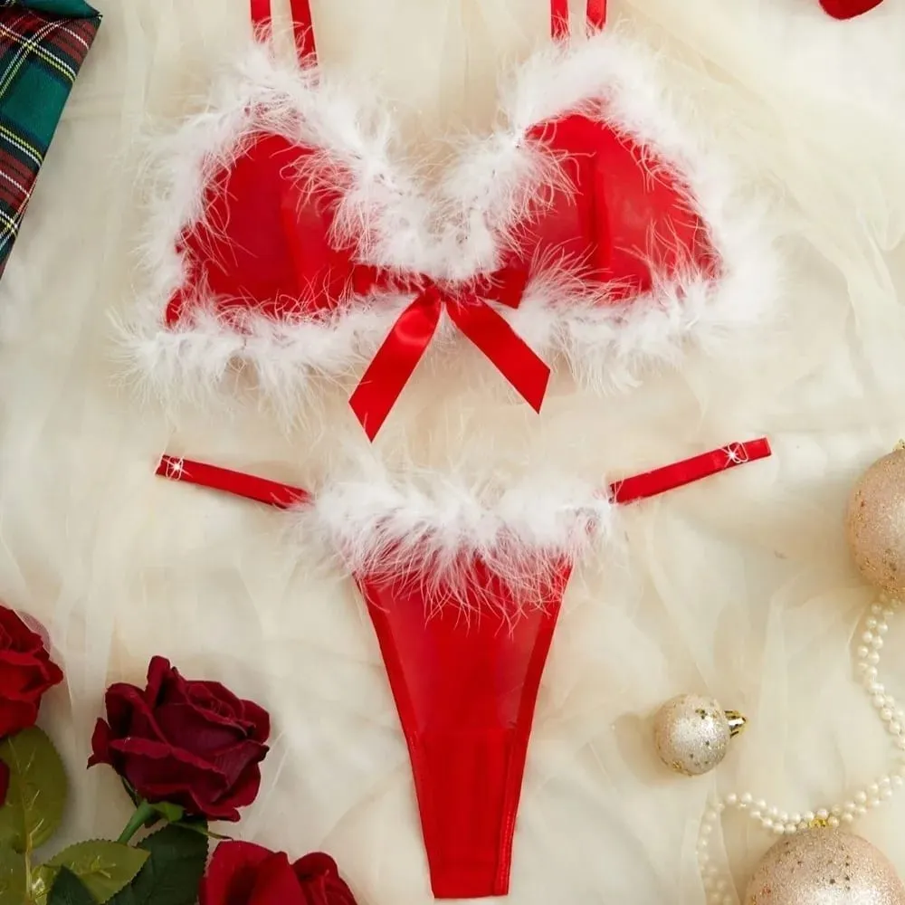 Furry Women's Underwear Mesh Transparent Bow Decor Lingerie Set Wireless Romantic Intimate Bra Panties Suit Anniversary — image 3