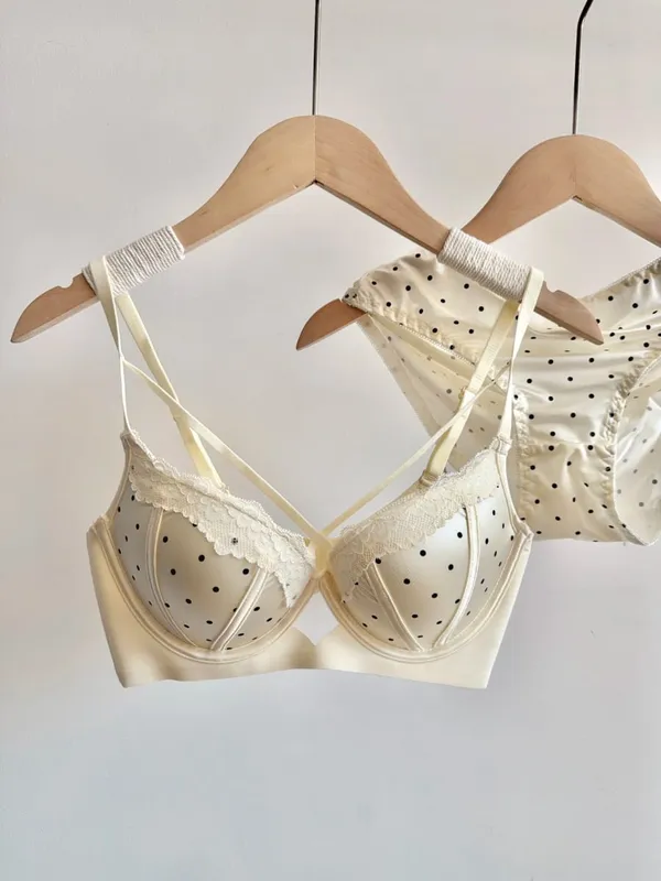 Women Sexy French Lace Push Up Bra Set Polka Dot Small Cup Shaping Sweet Lingerie Breathable Underwear Daily Dating Nightwear
