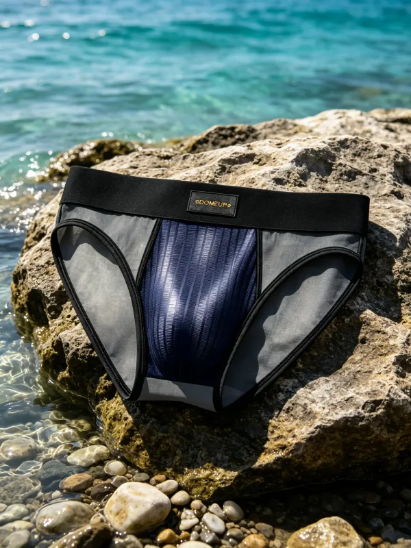 Mens Briefs Patchwork Sheer Mesh Vertical Stripe Gloss Pouch Low Waist Wide Elastic Waistband Breathable Male Underwear DP923 — image 1