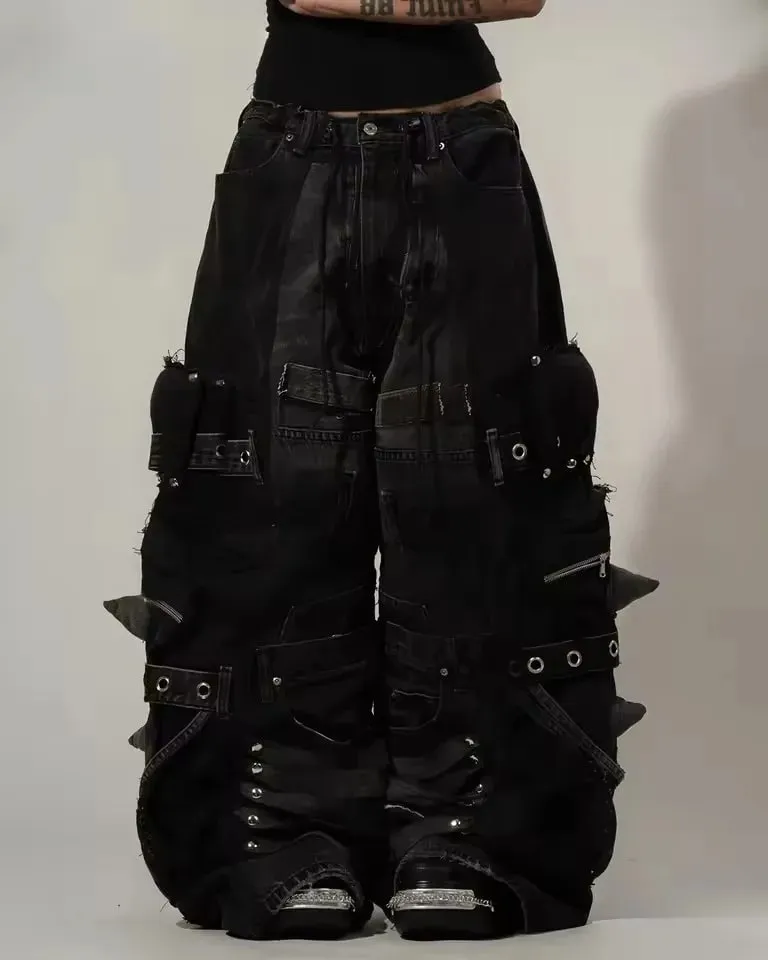 Streetwear Casual Black Cargo Jeans Men Heavy Buckle Strap Stud Zip Pocket Distressed Oversized Wide Leg Fashion Pants Y2K — image 3