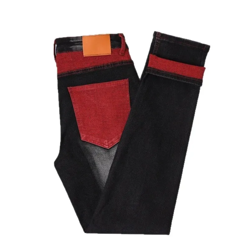 Vaqueros elásticos negros para hombre para primavera y otoño Pantalones vaqueros con detalles rasgados rojos Tallas asiáticas 28–42.