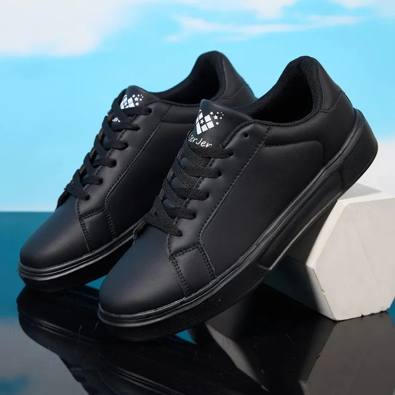 Men's White/Black Casual Leather Sneakers Low Top Lace-Up Skate Shoes Comfortable Walking Footwear